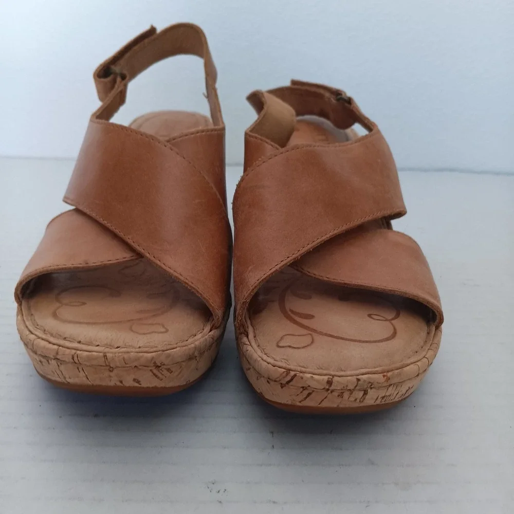 Born Wedge Sandals Womens 8 Tan Brown Leather Cross Strap Cork F19641 - Picture 2 of 7